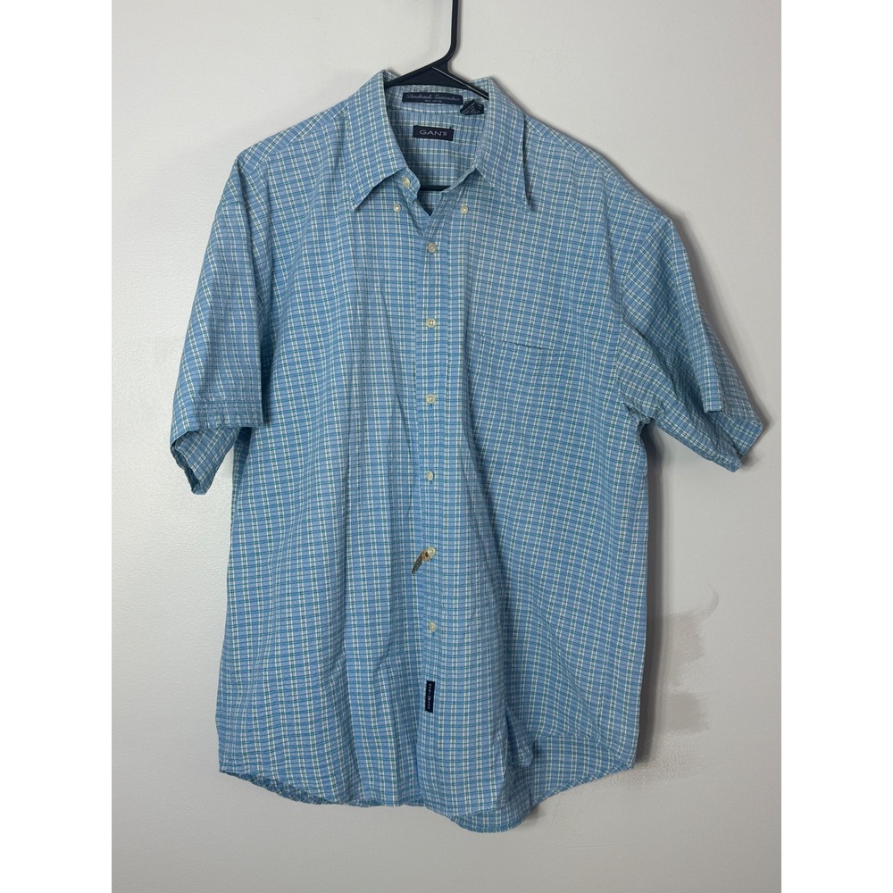Gant Shorebreak Seersucker Shirt Mens‎ Large Blue Plaid Short Sleeve Button Down